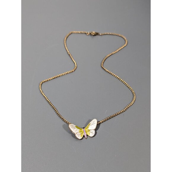 Vintage White Green Enamel Butterfly Pendant Necklace Gold tone 16" - Picture 4 of 9